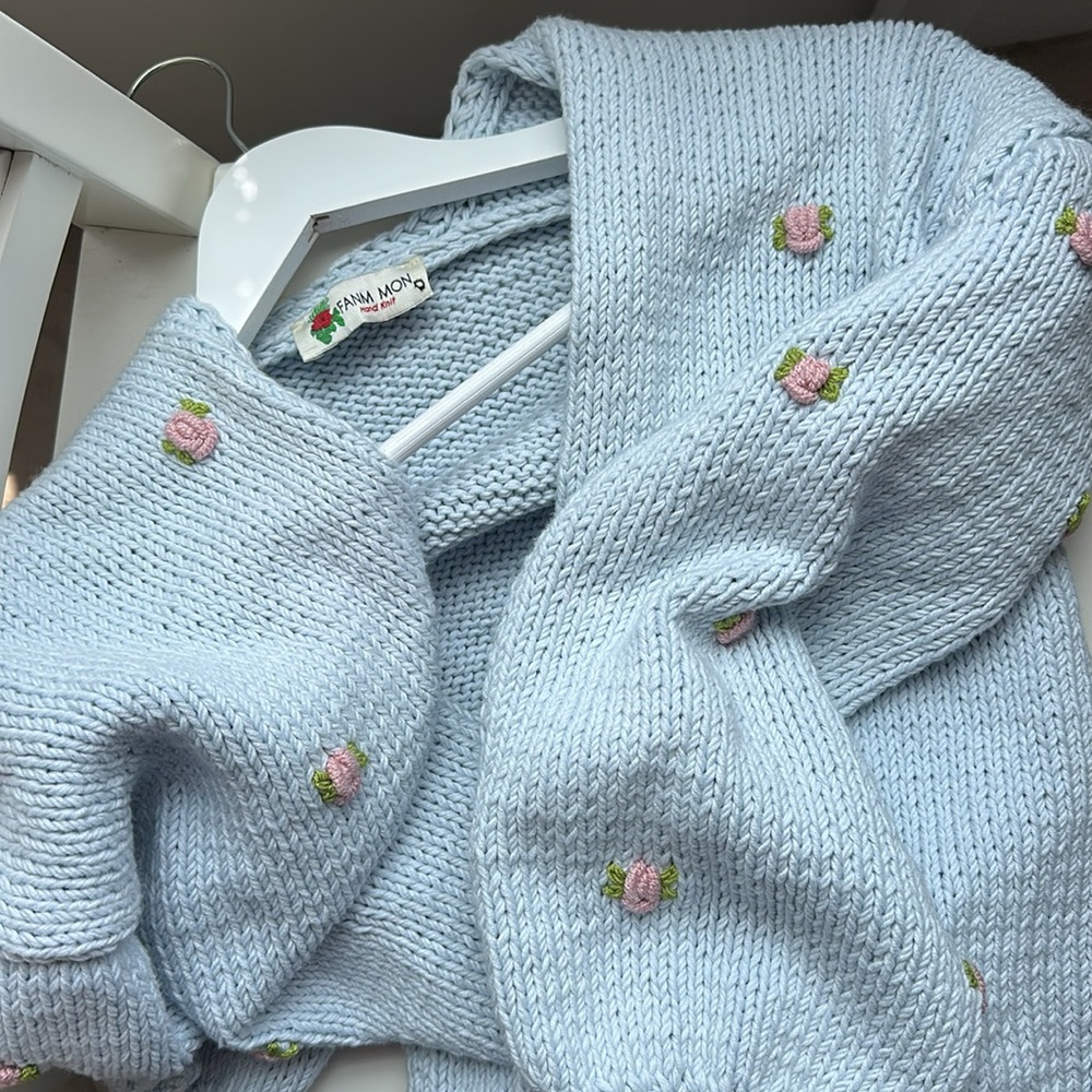 Fanm Mon Hand Knit Blue Embroidered Rosette Cardigan Sweater - Picture 2 of 12